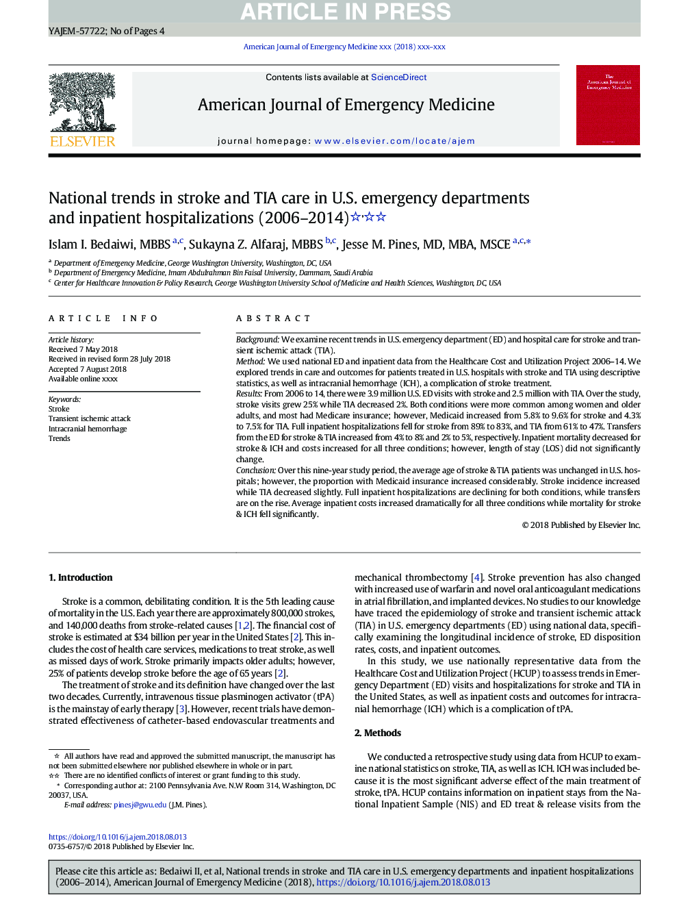 National trends in stroke and TIA care in U.S. emergency departments and inpatient hospitalizations (2006-2014)