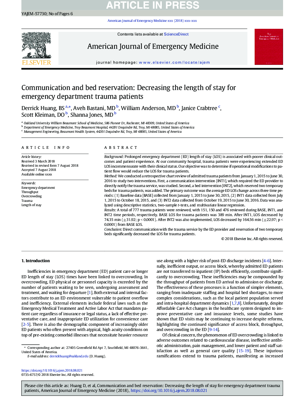 Communication and bed reservation: Decreasing the length of stay for emergency department trauma patients