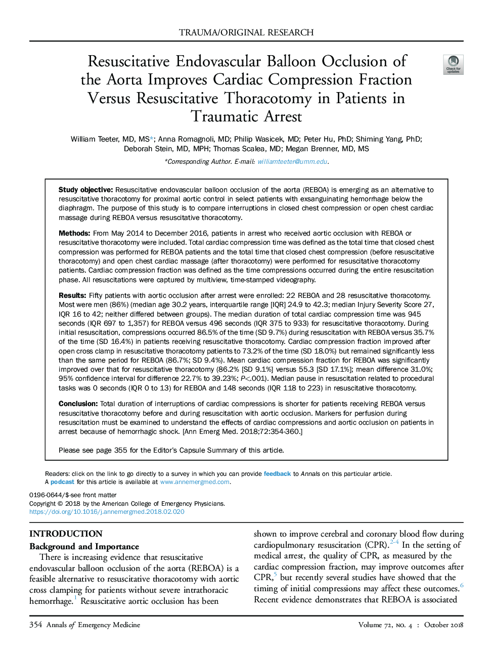 Resuscitative Endovascular Balloon Occlusion of the Aorta Improves Cardiac Compression Fraction Versus Resuscitative Thoracotomy in Patients in Traumatic Arrest