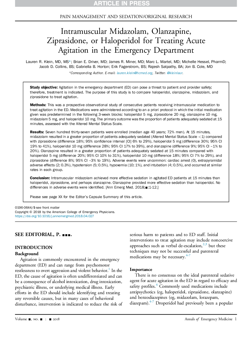 Intramuscular Midazolam, Olanzapine, Ziprasidone, or Haloperidol for Treating Acute Agitation in the Emergency Department