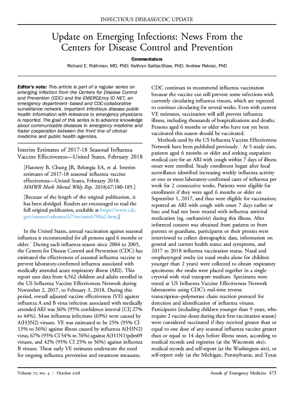 Interim Estimates of 2017-18 Seasonal Influenza Vaccine Effectiveness-United States, February 2018