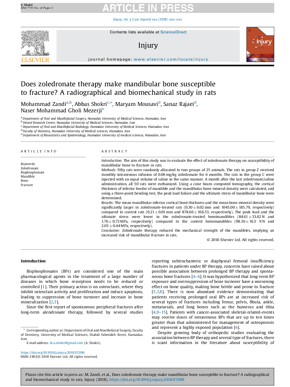 Does zoledronate therapy make mandibular bone susceptible to fracture? A radiographical and biomechanical study in rats