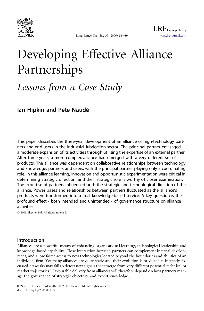 Developing Effective Alliance Partnerships: Lessons from a Case Study
