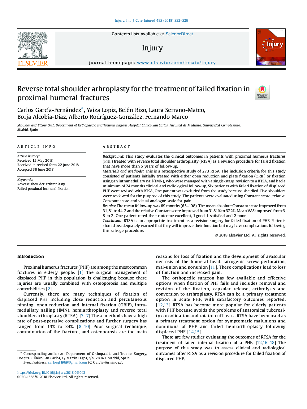 Reverse total shoulder arhroplasty for the treatment of failed fixation in proximal humeral fractures