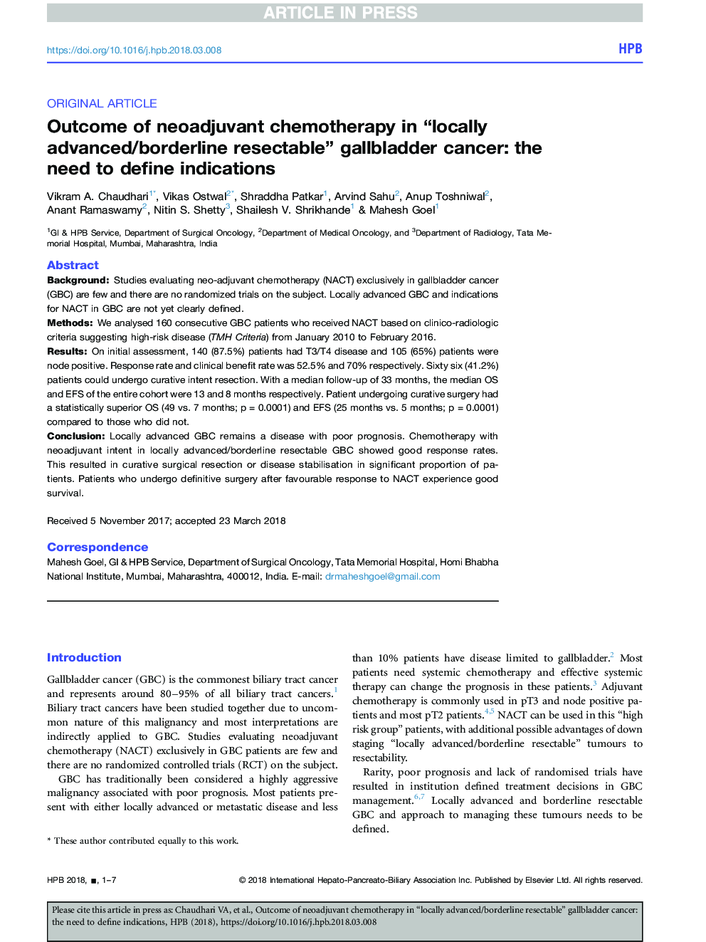 Outcome of neoadjuvant chemotherapy in “locally advanced/borderline resectable” gallbladder cancer: the need to define indications