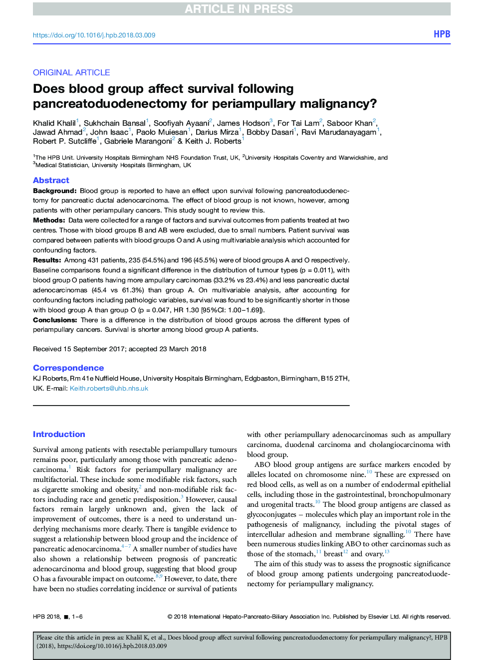 Does blood group affect survival following pancreatoduodenectomy for periampullary malignancy?