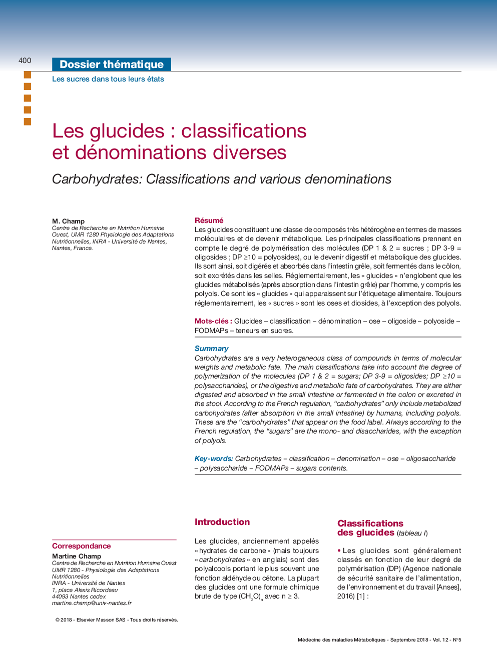 Les glucides: classifications et dénominations diverses