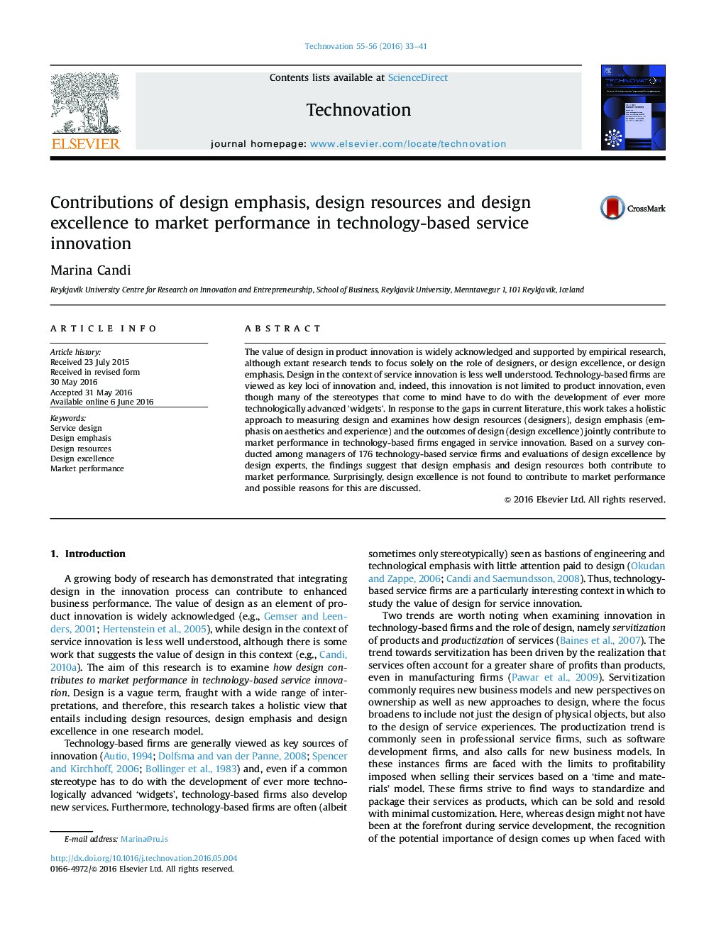 Contributions of design emphasis, design resources and design excellence to market performance in technology-based service innovation