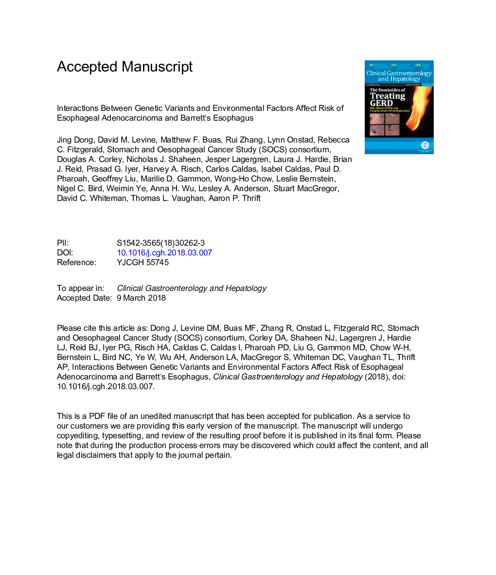 Interactions Between Genetic Variants and Environmental Factors Affect Risk of Esophageal Adenocarcinoma and Barrett's Esophagus