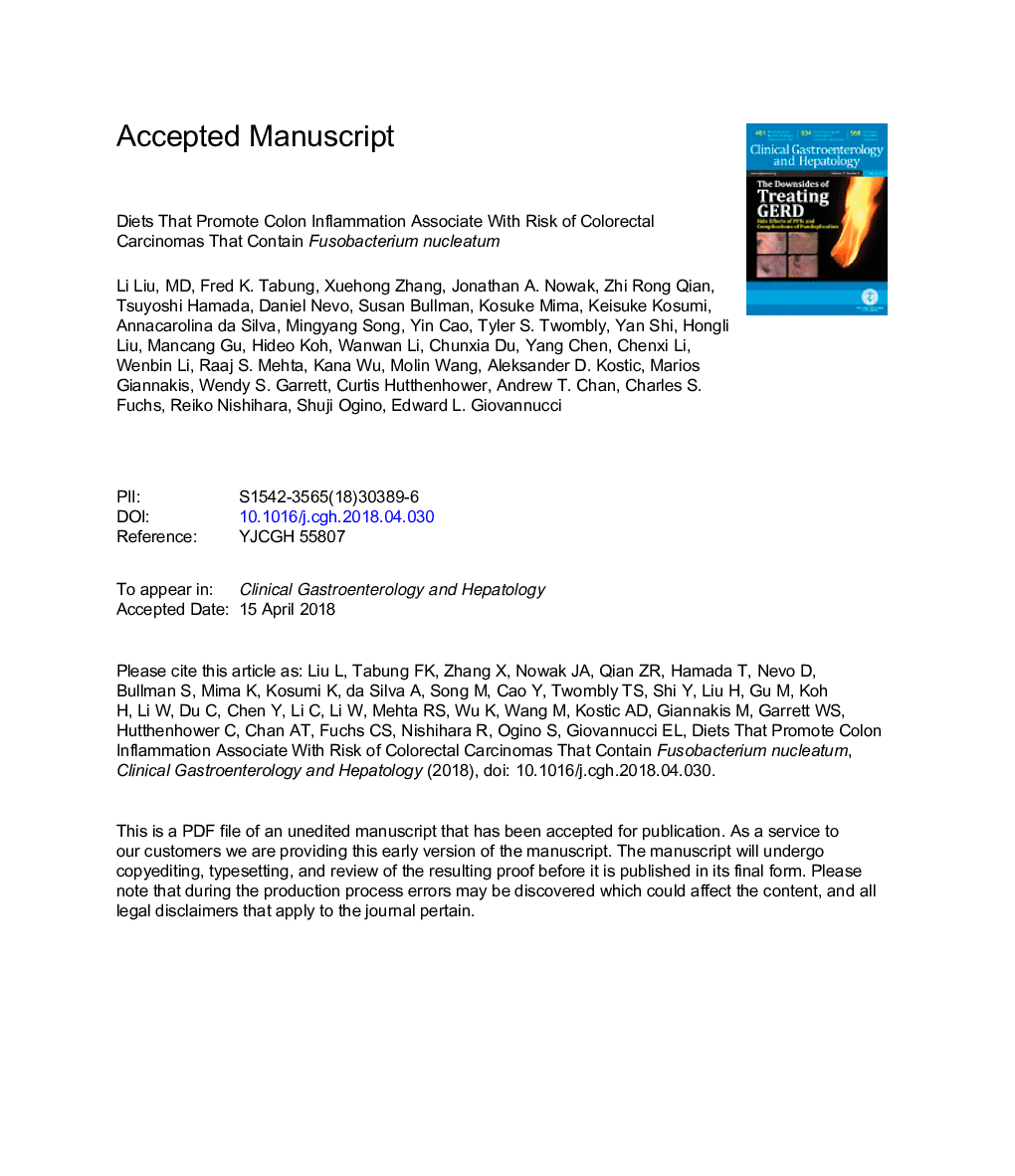 Diets That Promote Colon Inflammation Associate With Risk of Colorectal Carcinomas That Contain Fusobacterium nucleatum