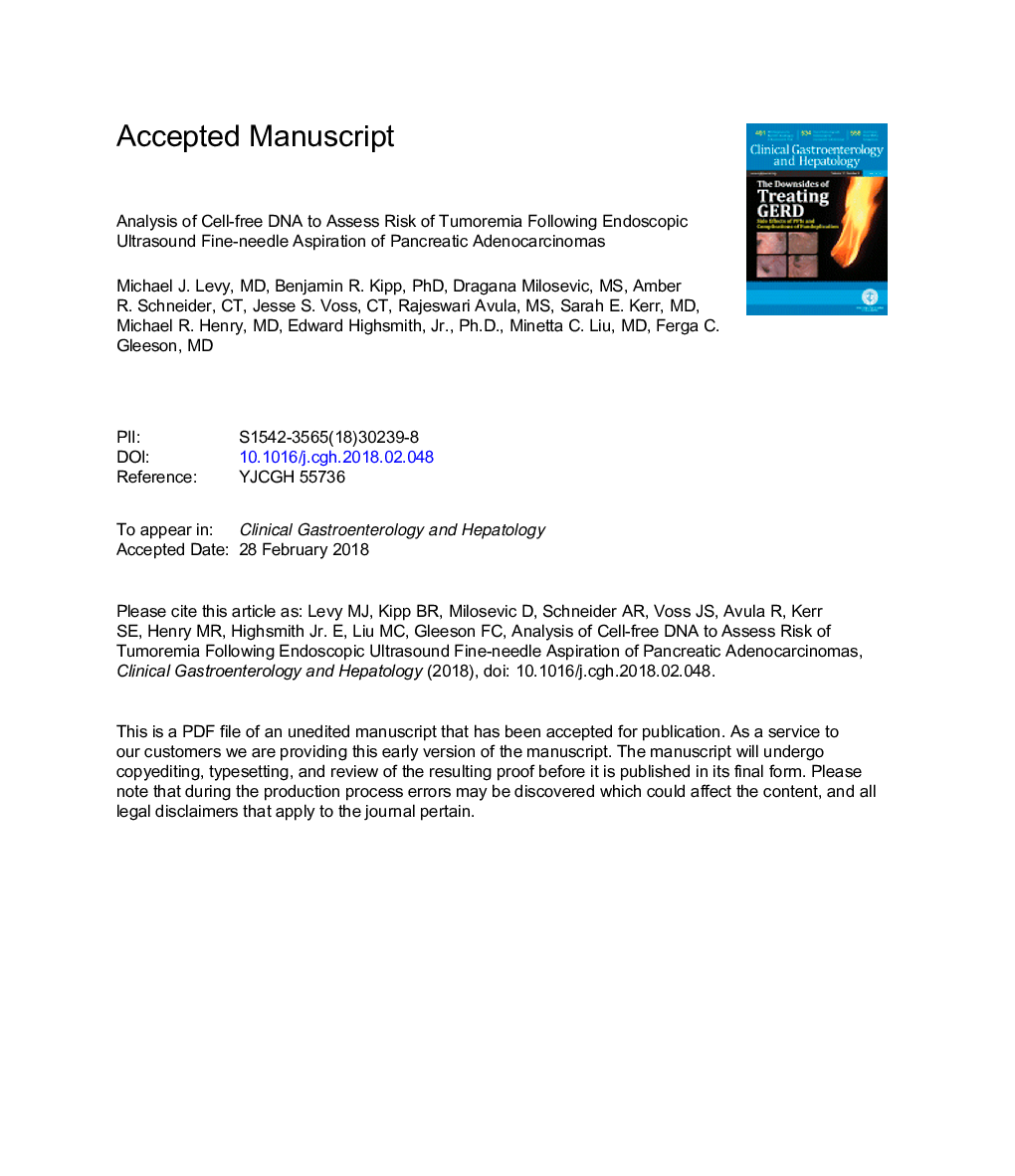 Analysis of Cell-Free DNA to Assess Risk of Tumoremia Following Endoscopic Ultrasound Fine-Needle Aspiration of Pancreatic Adenocarcinomas