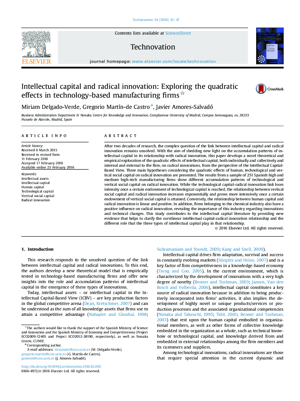 Intellectual capital and radical innovation: Exploring the quadratic effects in technology-based manufacturing firms 