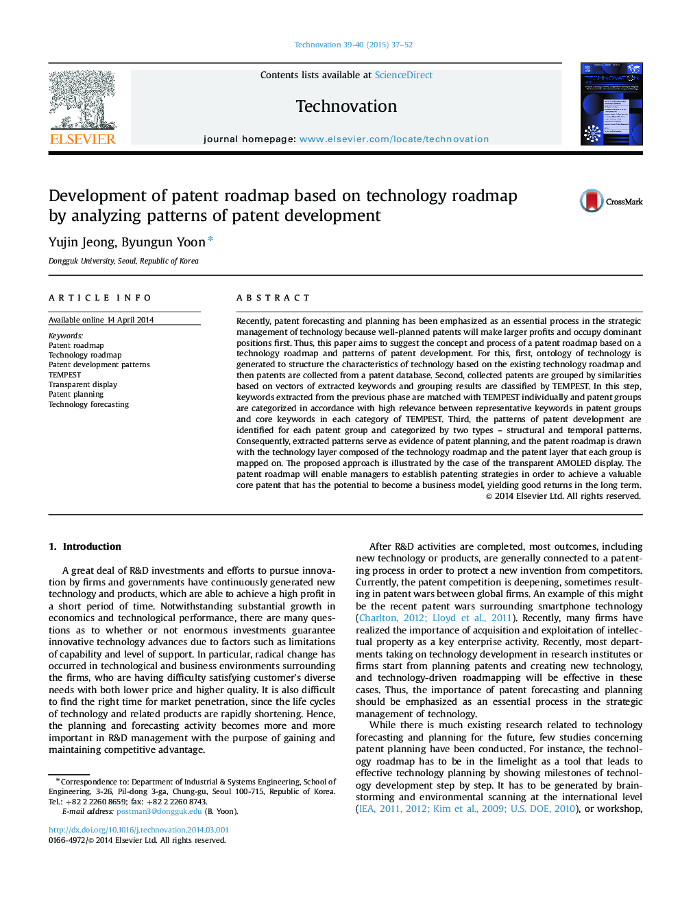 Development of patent roadmap based on technology roadmap by analyzing patterns of patent development