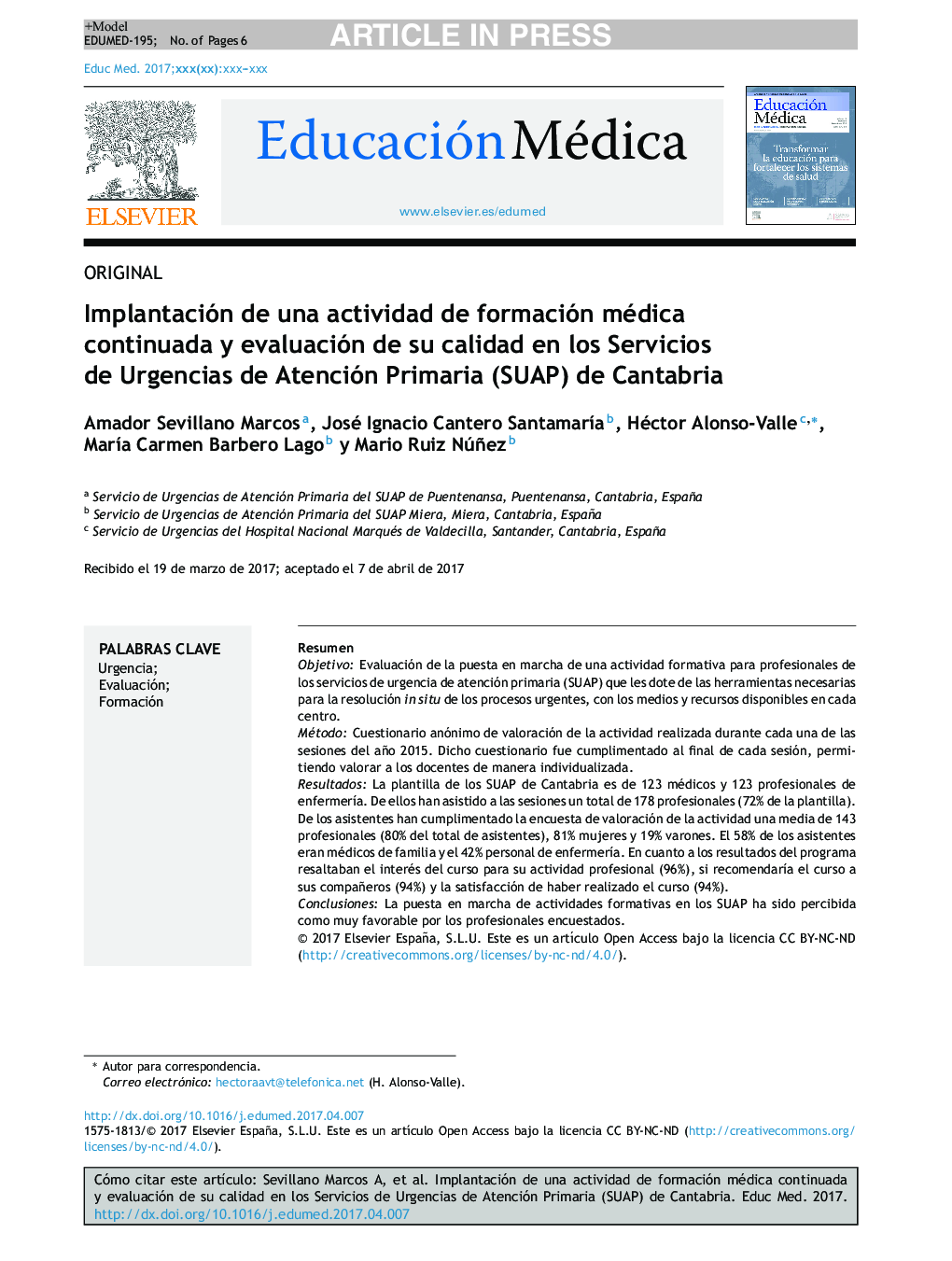 Implantación de una actividad de formación médica continuada y evaluación de su calidad en los Servicios de Urgencias de Atención Primaria (SUAP) de Cantabria