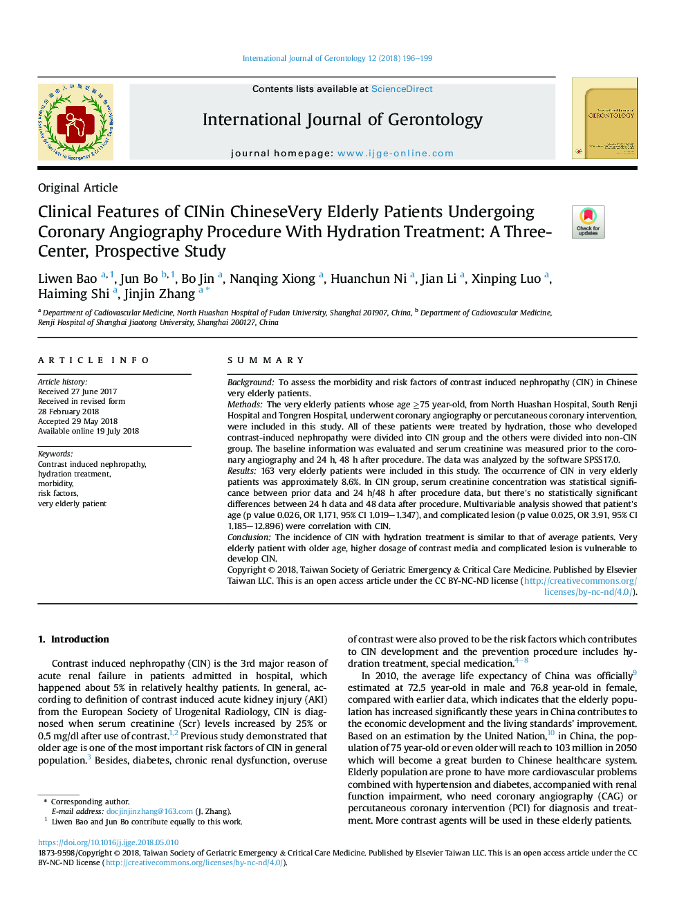 Clinical Features of CINin ChineseVery Elderly Patients Undergoing Coronary Angiography Procedure With Hydration Treatment: A Three-Center, Prospective Study