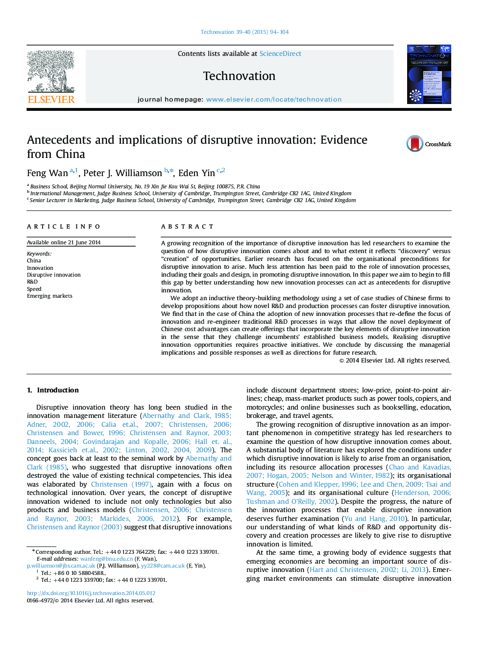 Antecedents and implications of disruptive innovation: Evidence from China