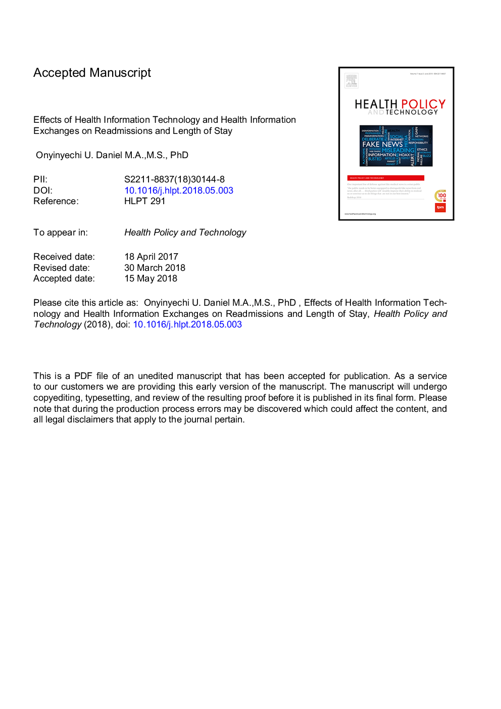 Effects of health information technology and health information exchanges on readmissions and length of stay