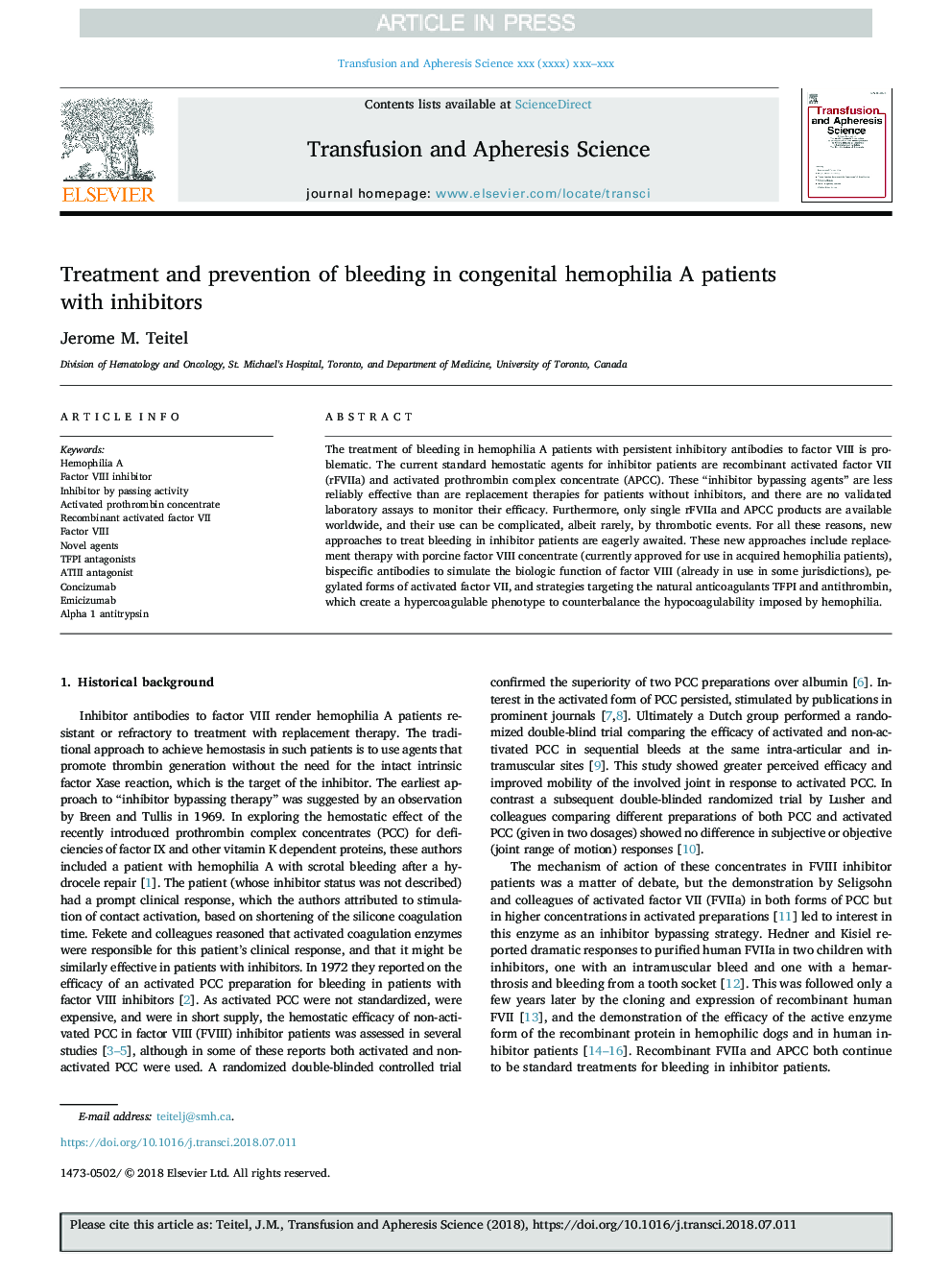 Treatment and prevention of bleeding in congenital hemophilia A patients with inhibitors