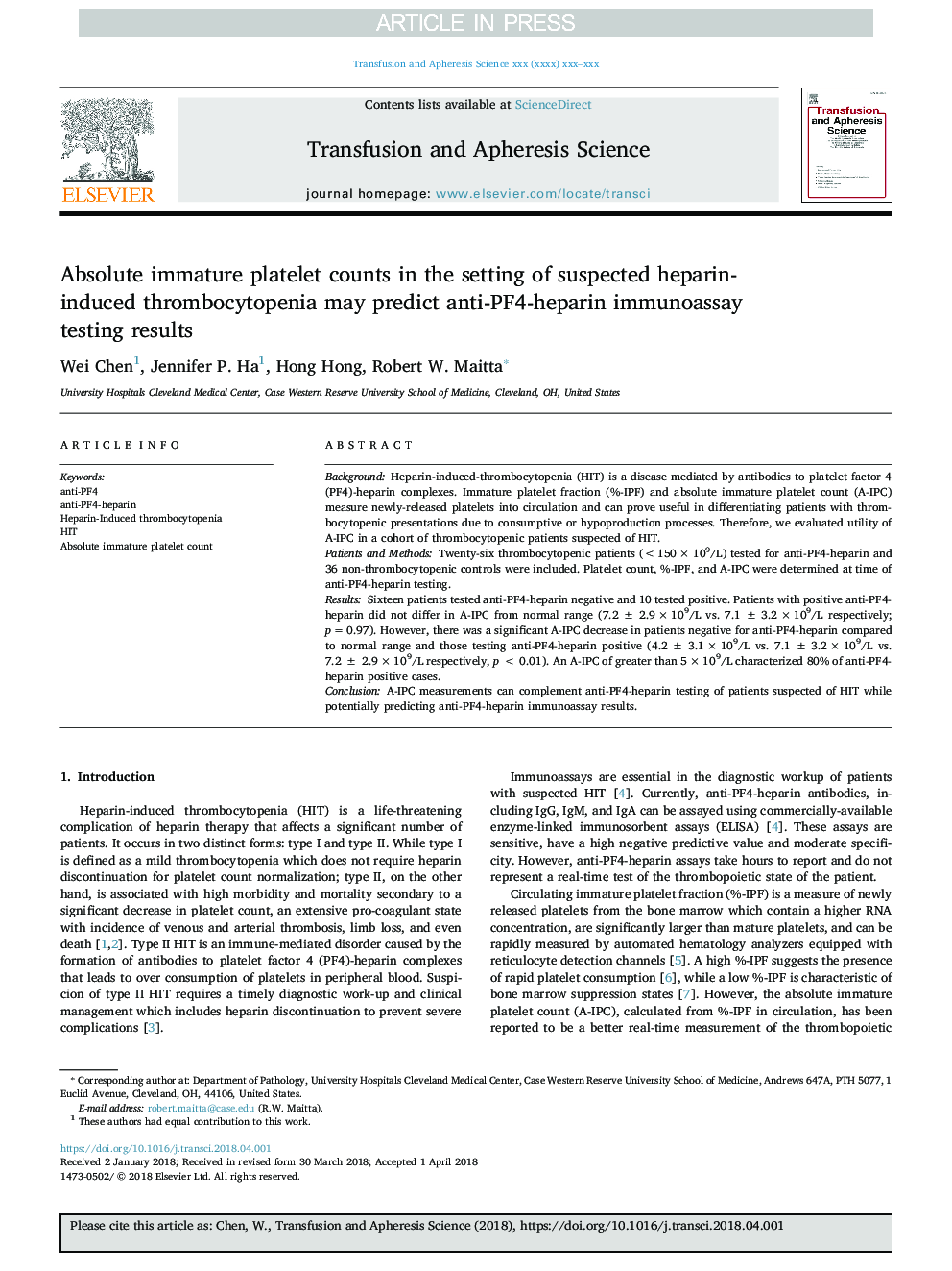 Absolute immature platelet counts in the setting of suspected heparin-induced thrombocytopenia may predict anti-PF4-heparin immunoassay testing results