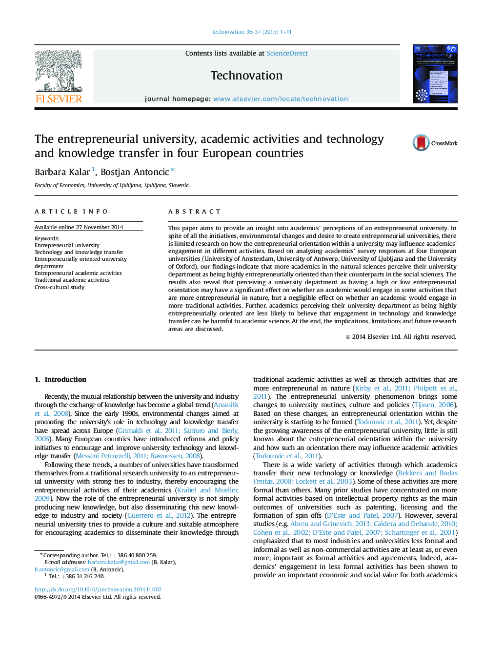 The entrepreneurial university, academic activities and technology and knowledge transfer in four European countries