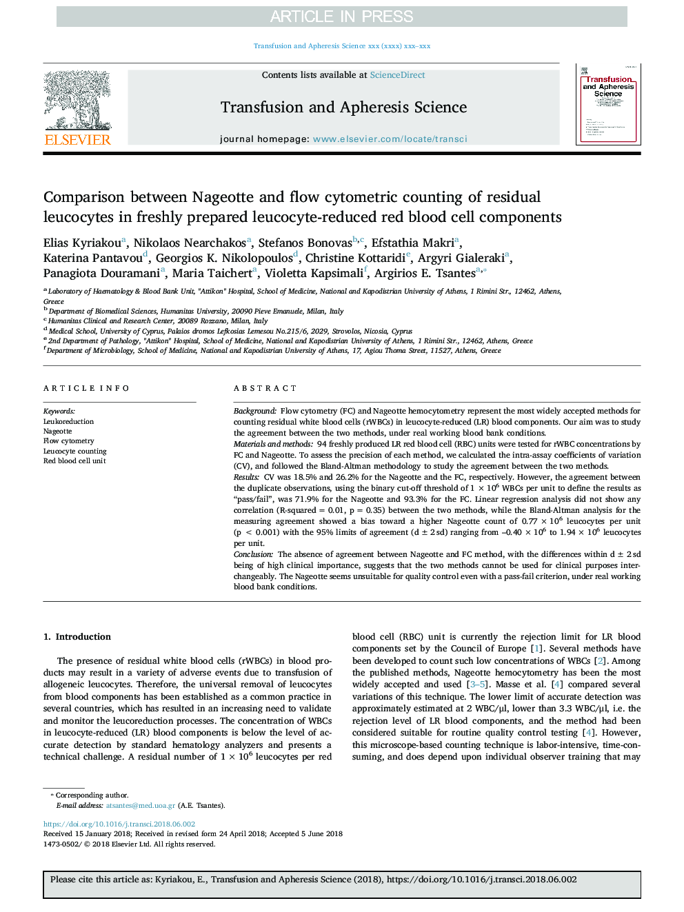 Comparison between Nageotte and flow cytometric counting of residual leucocytes in freshly prepared leucocyte-reduced red blood cell components