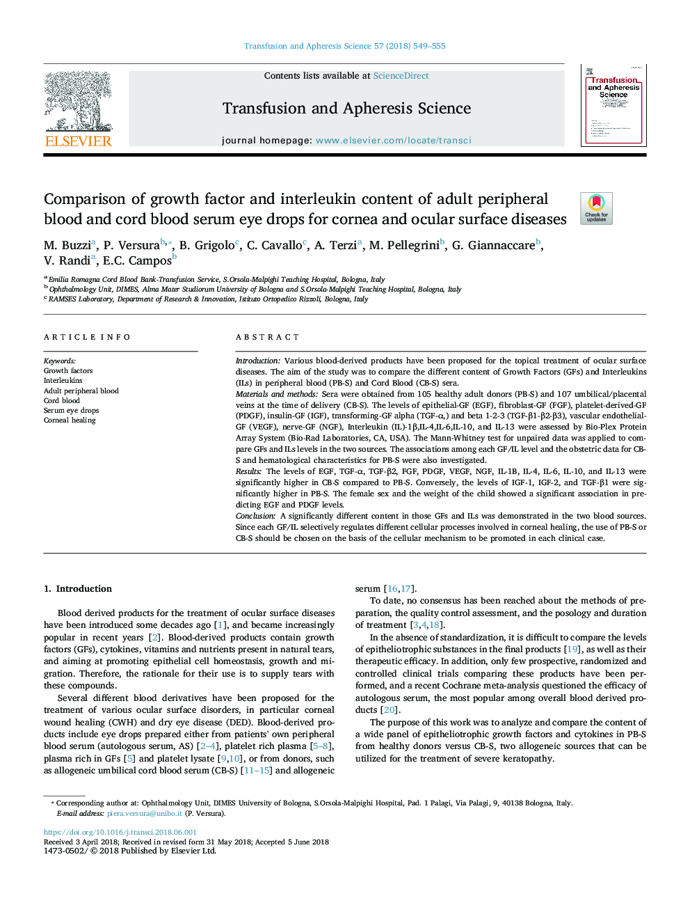 Comparison of growth factor and interleukin content of adult peripheral blood and cord blood serum eye drops for cornea and ocular surface diseases