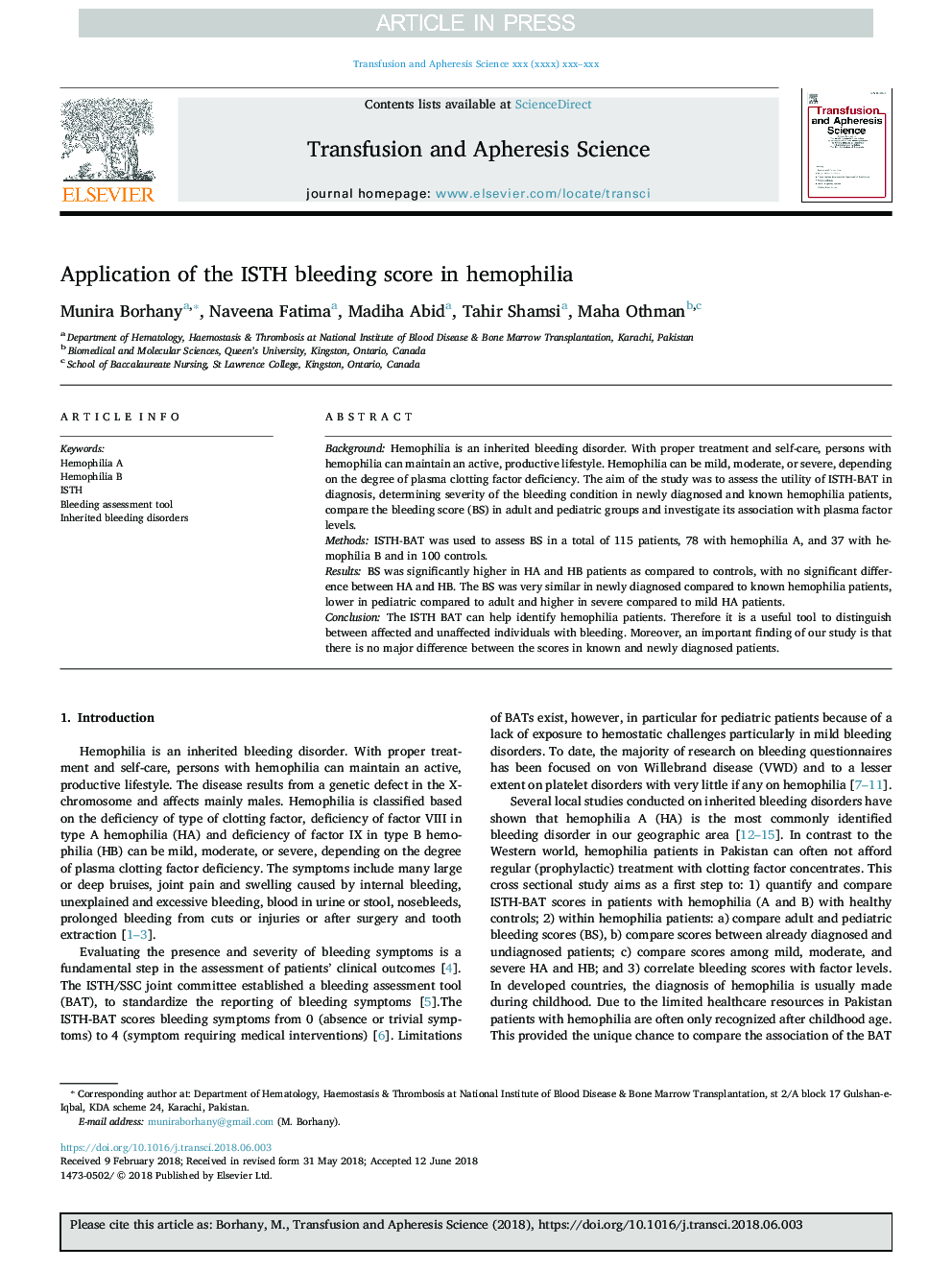 Application of the ISTH bleeding score in hemophilia
