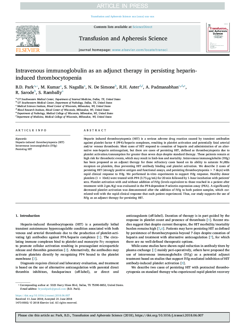 Intravenous immunoglobulin as an adjunct therapy in persisting heparin-induced thrombocytopenia