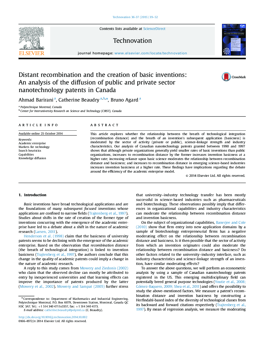 Distant recombination and the creation of basic inventions: An analysis of the diffusion of public and private sector nanotechnology patents in Canada
