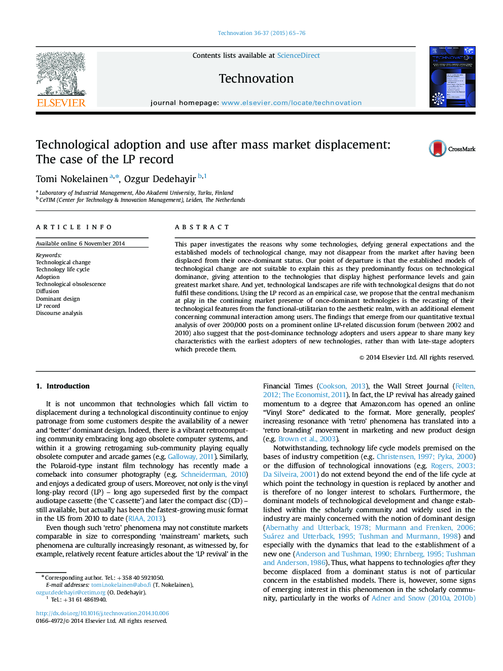 Technological adoption and use after mass market displacement: The case of the LP record