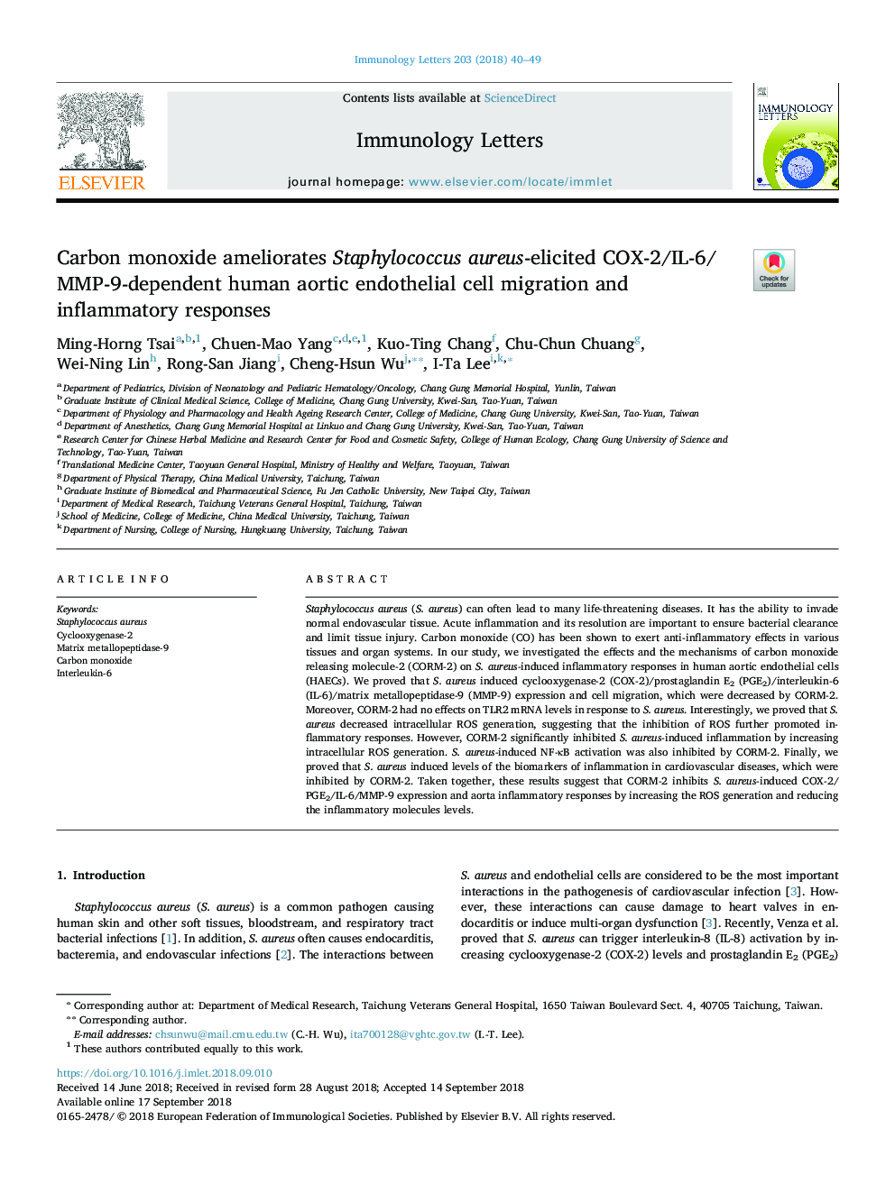 Carbon monoxide ameliorates Staphylococcus aureus-elicited COX-2/IL-6/MMP-9-dependent human aortic endothelial cell migration and inflammatory responses