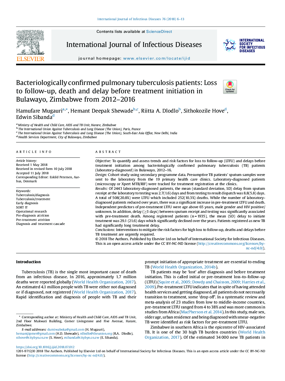 Bacteriologically confirmed pulmonary tuberculosis patients: Loss to follow-up, death and delay before treatment initiation in Bulawayo, Zimbabwe from 2012-2016