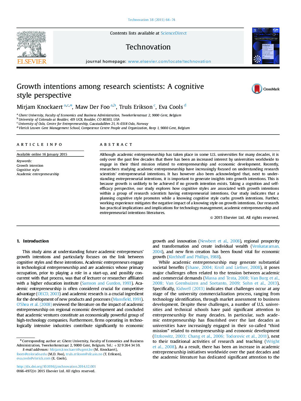 Growth intentions among research scientists: A cognitive style perspective