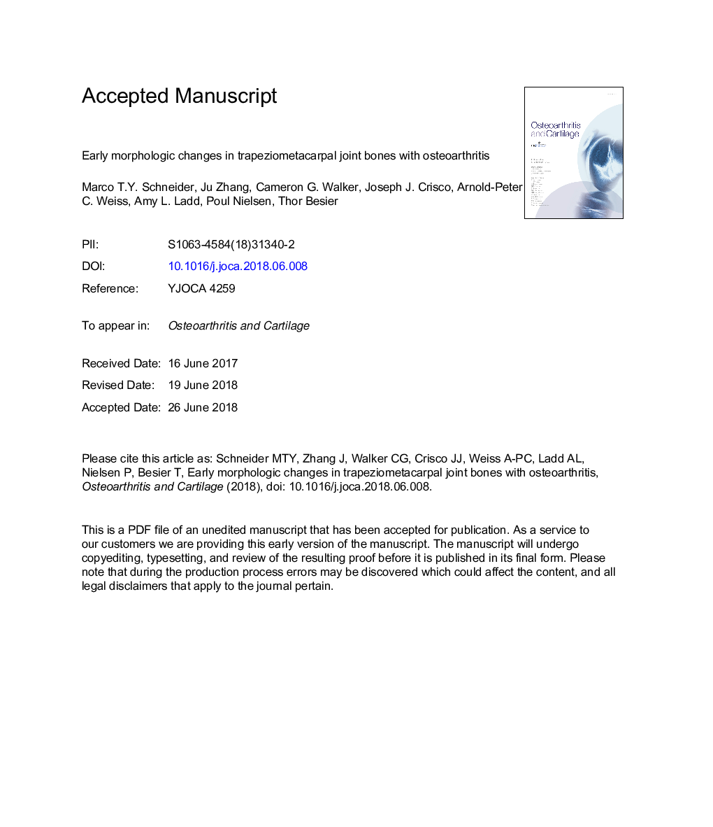 عکس صفحه اول مقاله: Early morphologic changes in trapeziometacarpal joint bones with osteoarthritis Early morphologic changes in trapeziometacarpal joint bones with osteoarthritis