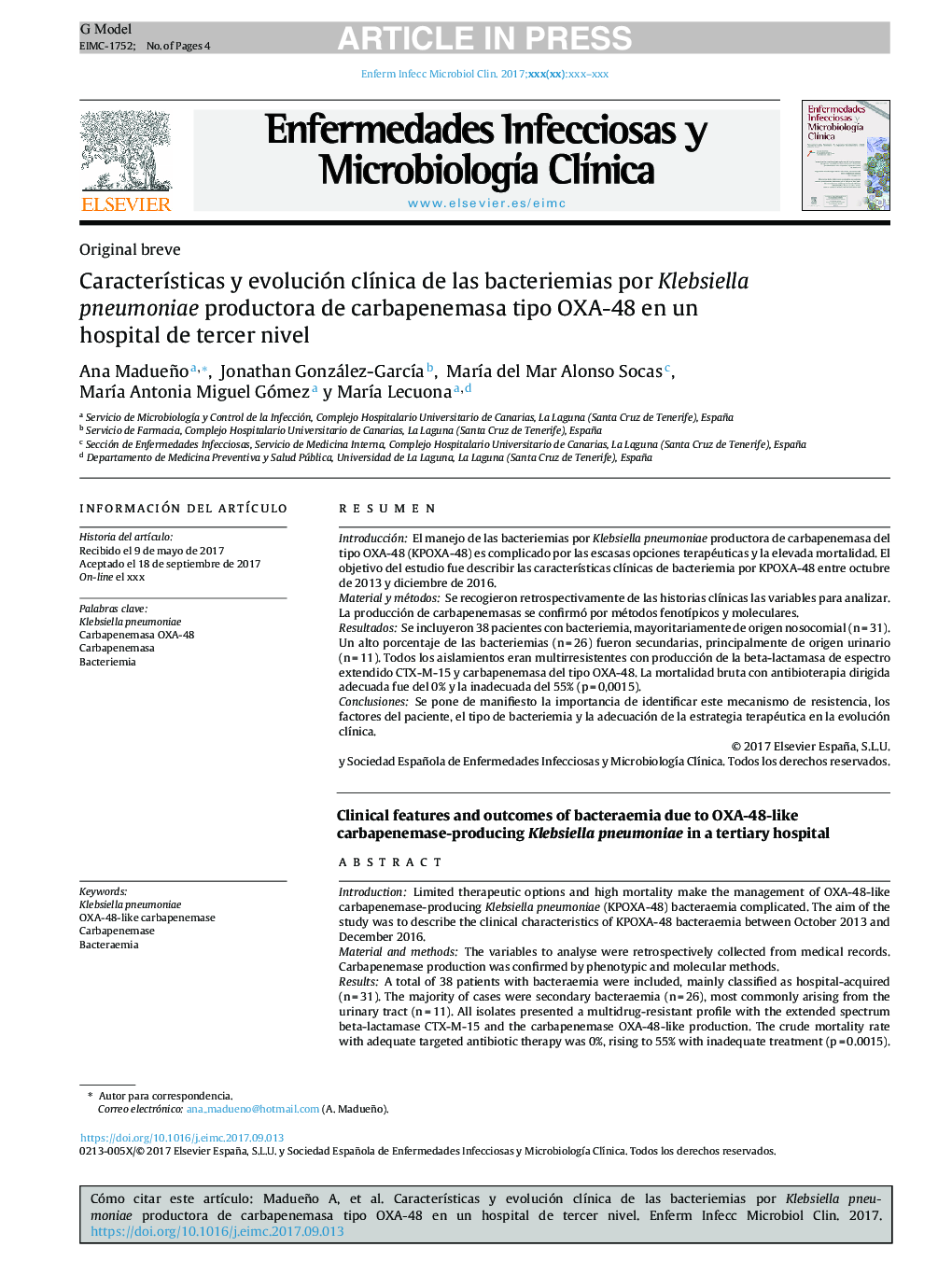 CaracterÃ­sticas y evolución clÃ­nica de las bacteriemias por Klebsiella pneumoniae productora de carbapenemasa tipo OXA-48 en un hospital de tercer nivel