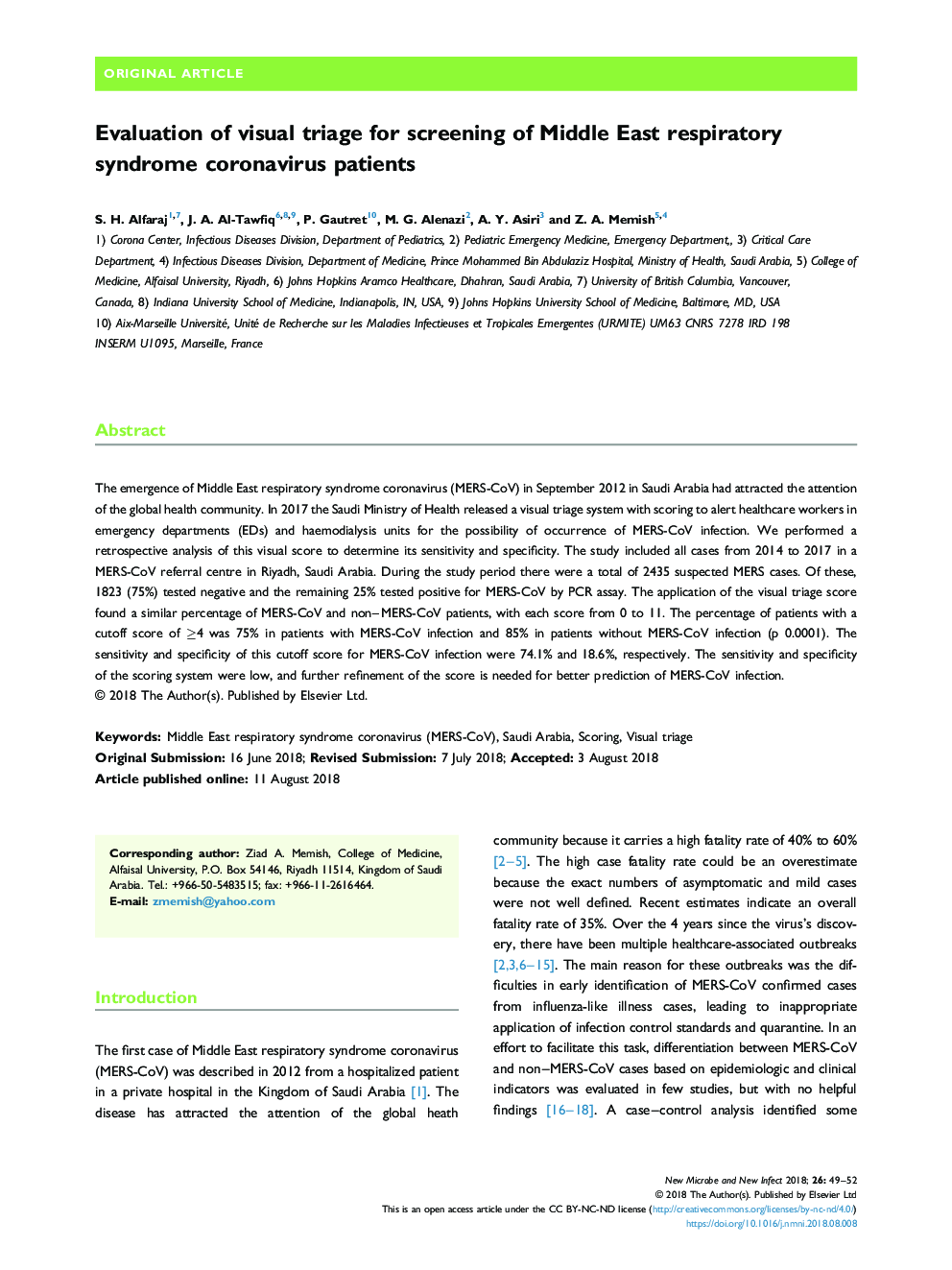 Evaluation of visual triage for screening of Middle East respiratory syndrome coronavirus patients