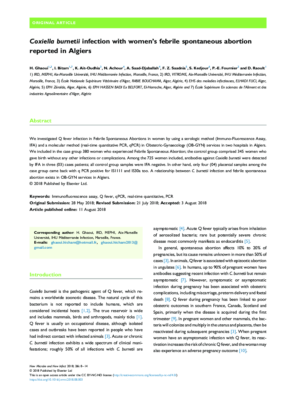 Coxiella burnetii infection with women's febrile spontaneous abortion reported in Algiers