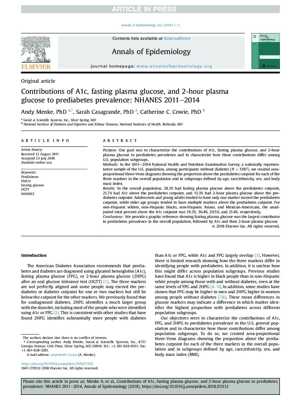 Contributions of A1c, fasting plasma glucose, and 2-hour plasma glucose to prediabetes prevalence: NHANES 2011-2014