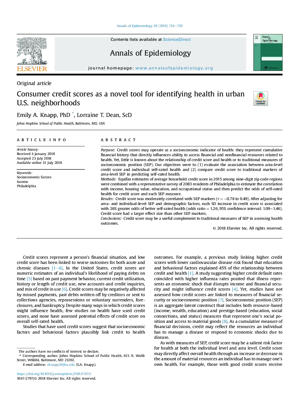 Consumer credit scores as a novel tool for identifying health in urban U.S. neighborhoods