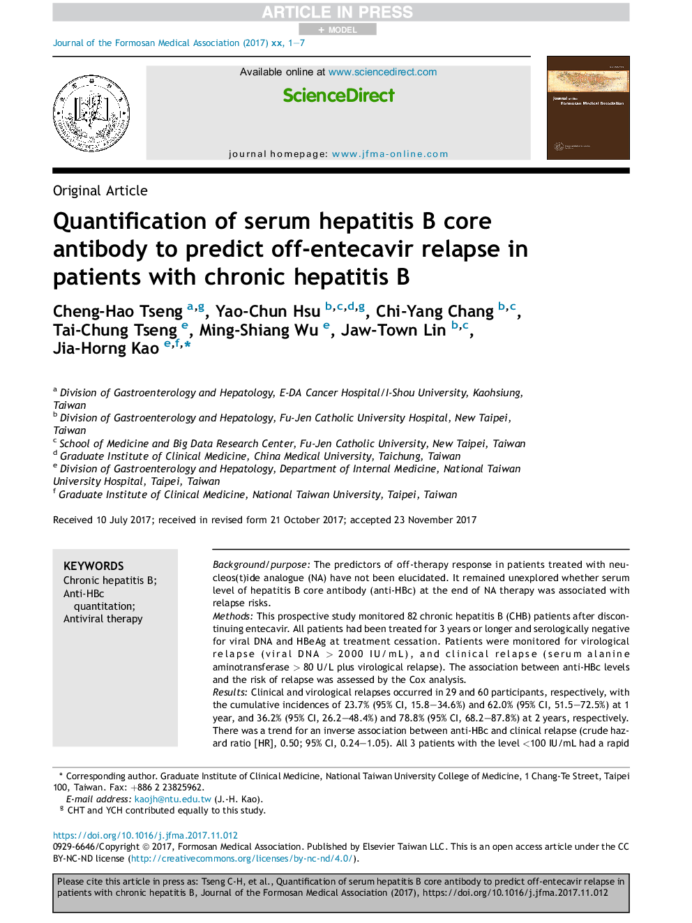 Quantification of serum hepatitis B core antibody to predict off-entecavir relapse in patients with chronic hepatitis B