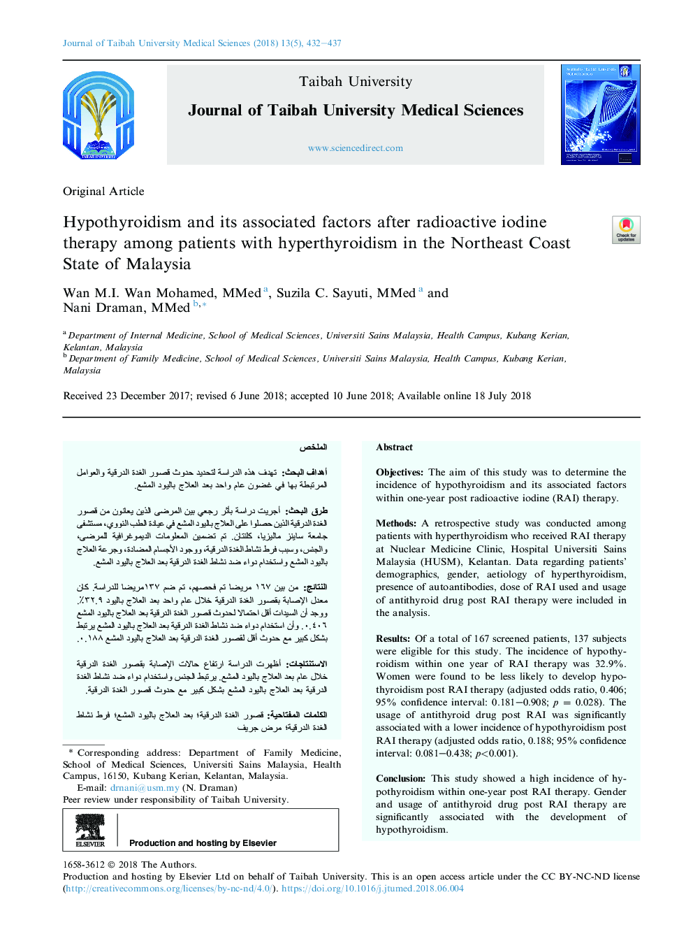 Hypothyroidism and its associated factors after radioactive iodine therapy among patients with hyperthyroidism in the Northeast Coast State of Malaysia