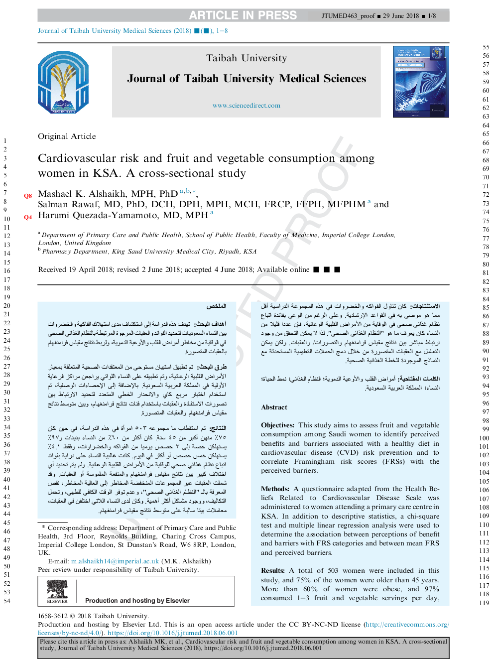 Cardiovascular risk and fruit and vegetable consumption among women in KSA; A cross-sectional study