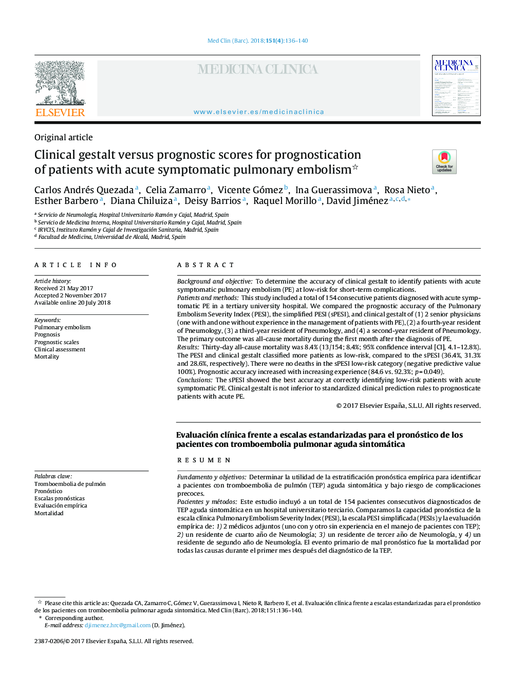 Clinical gestalt versus prognostic scores for prognostication of patients with acute symptomatic pulmonary embolism