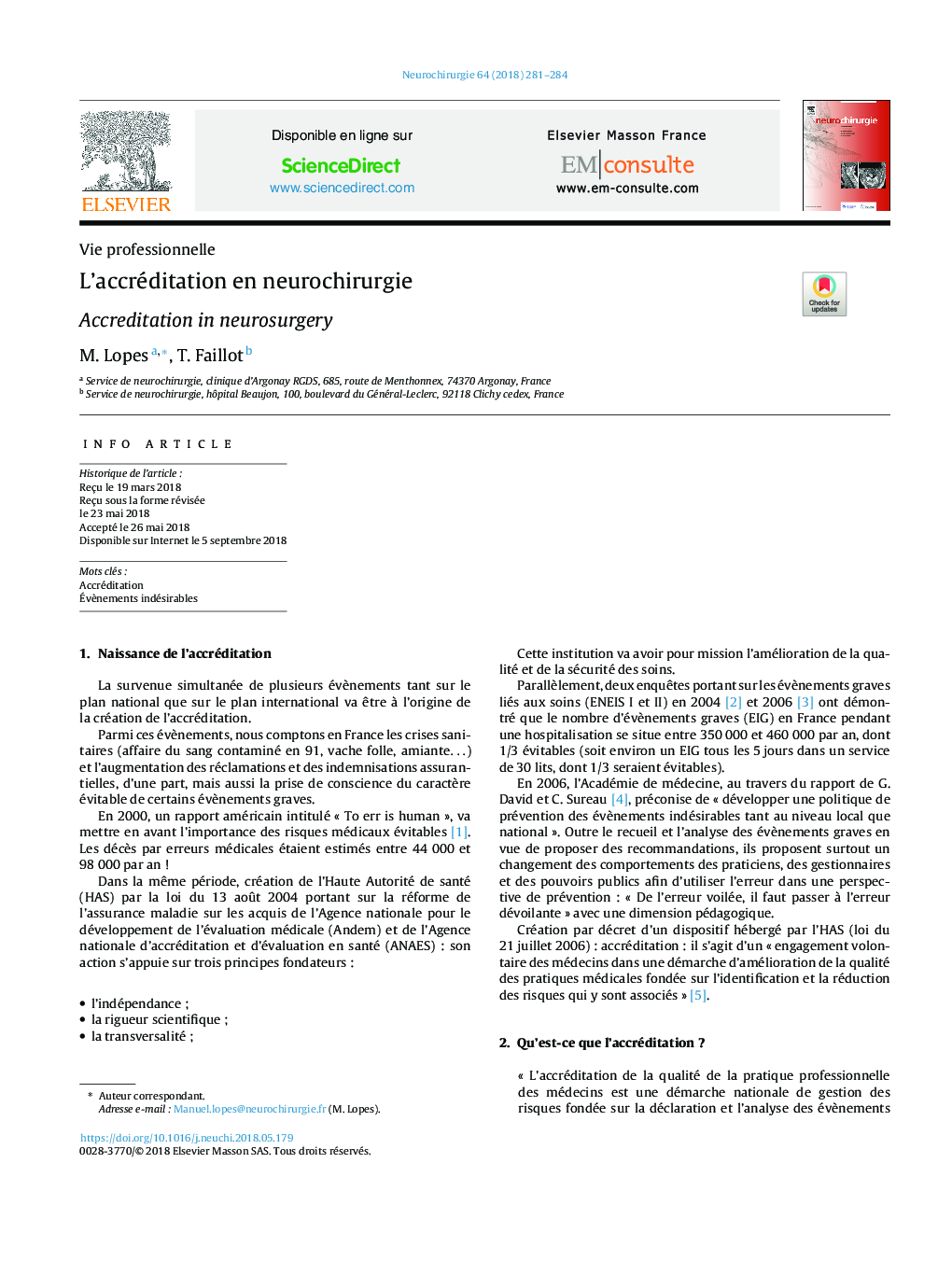 L'accréditation en neurochirurgie