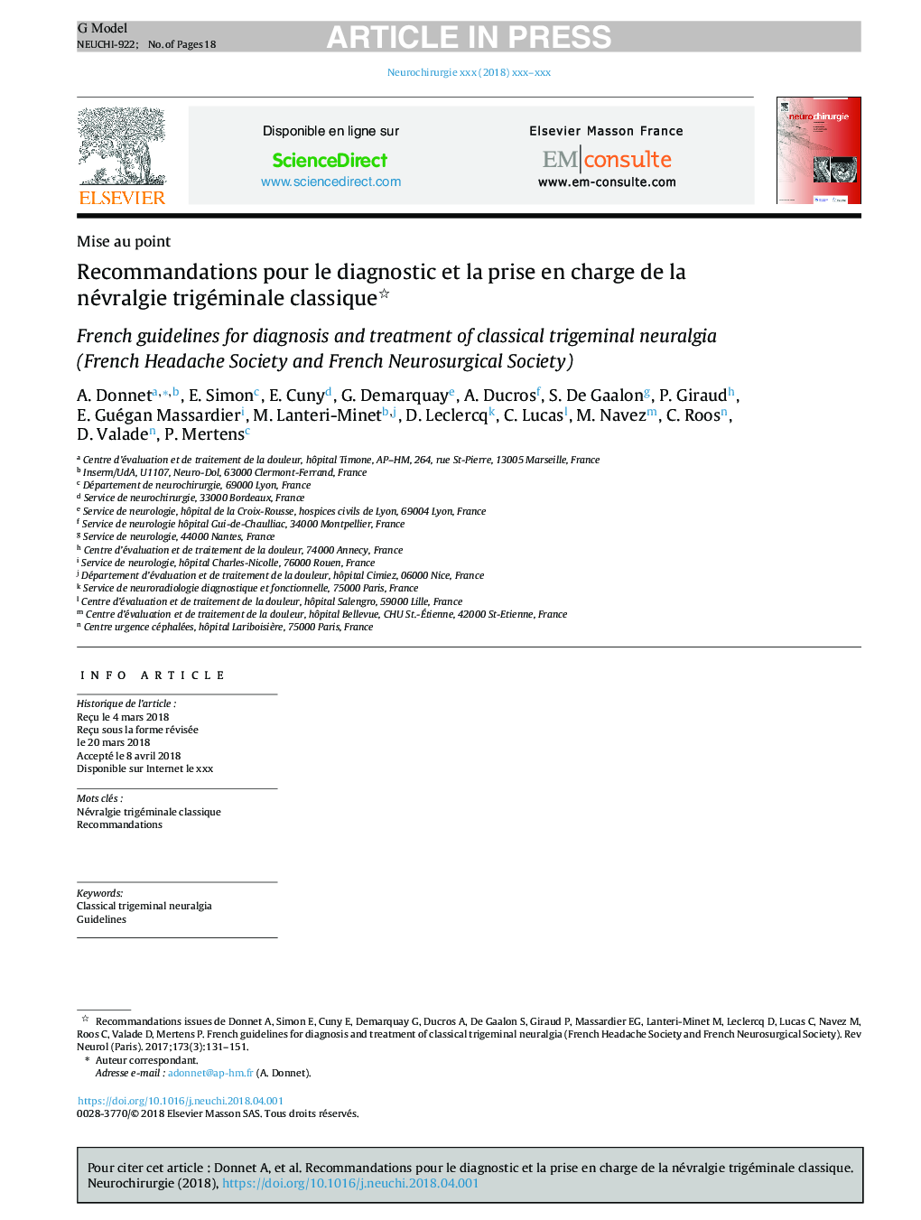 Recommandations pour le diagnostic et la prise en charge de la névralgie trigéminale classique