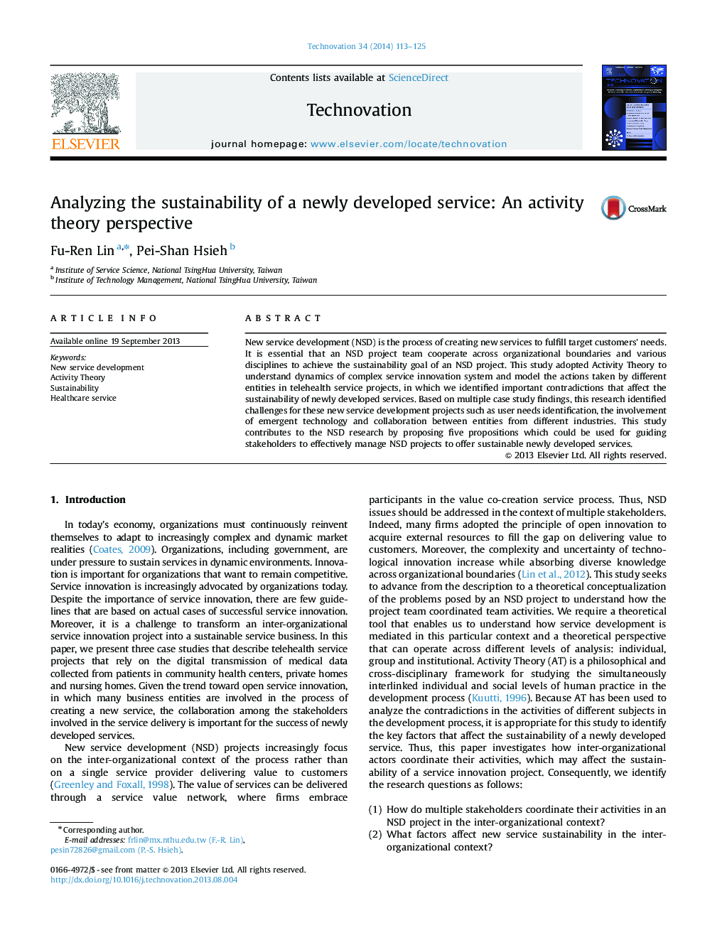 Analyzing the sustainability of a newly developed service: An activity theory perspective