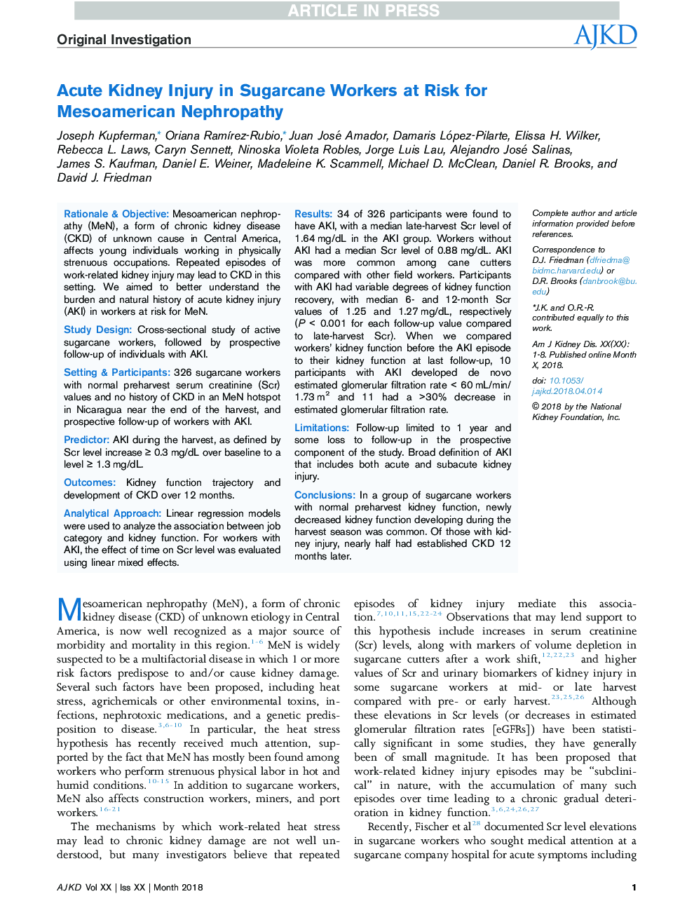 Acute Kidney Injury in Sugarcane Workers at Risk for Mesoamerican Nephropathy