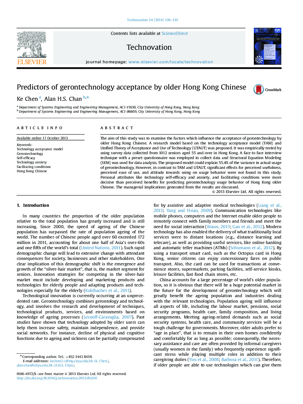 Predictors of gerontechnology acceptance by older Hong Kong Chinese