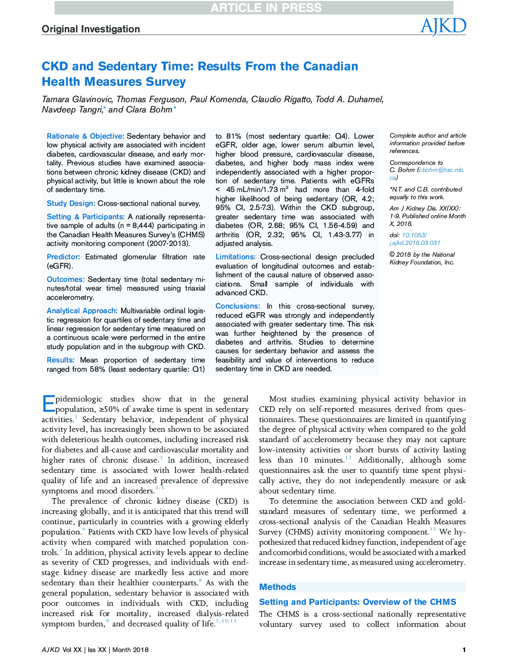 CKD and Sedentary Time: Results FromÂ theÂ Canadian Health Measures Survey