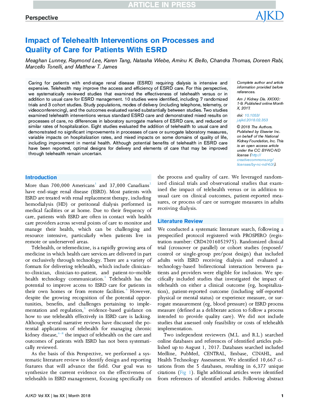 Impact of Telehealth Interventions on Processes and Quality of Care for Patients With ESRD